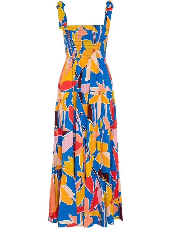 Dresses & Skirts - Women's Blue Yellow Sleeveless Square Neck Ruffle Casual Imported Maxi Dress